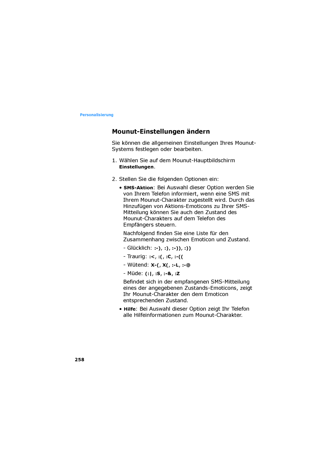 Samsung SGH-D730IBADBT manual Mounut-Einstellungen ändern, 258 