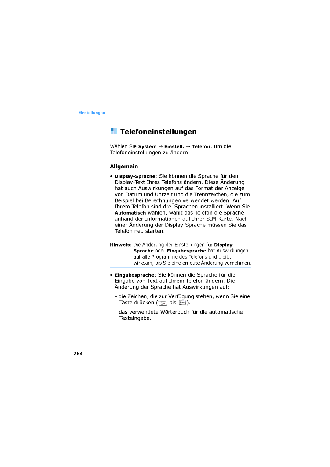 Samsung SGH-D730IBADBT Allgemein, Telefoneinstellungen zu ändern, Wählen Sie System Einstell. Telefon, um die, 264 