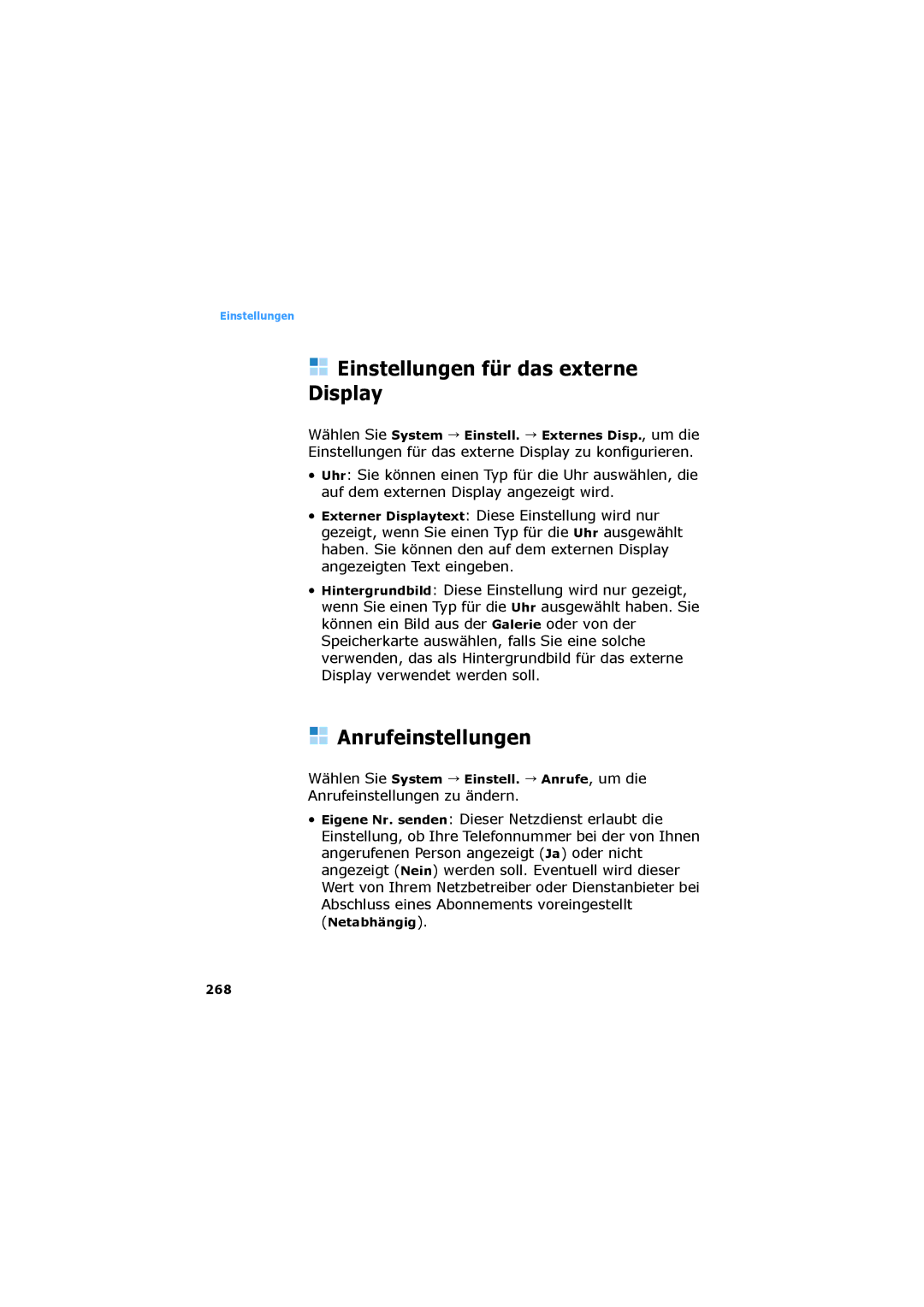 Samsung SGH-D730IBADBT manual Einstellungen für das externe Display, Anrufeinstellungen, 268 