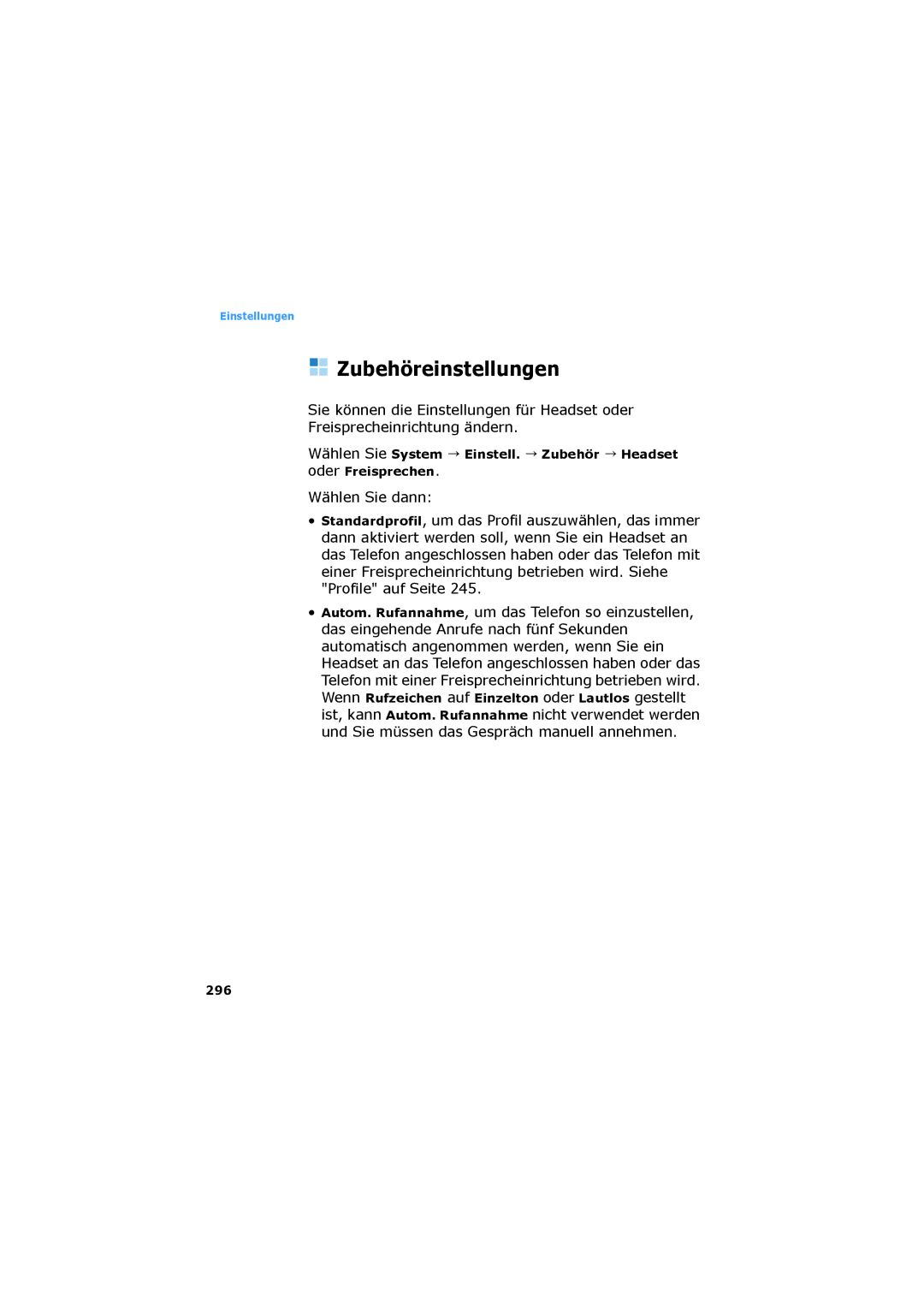 Samsung SGH-D730IBADBT manual Zubehöreinstellungen, 296 