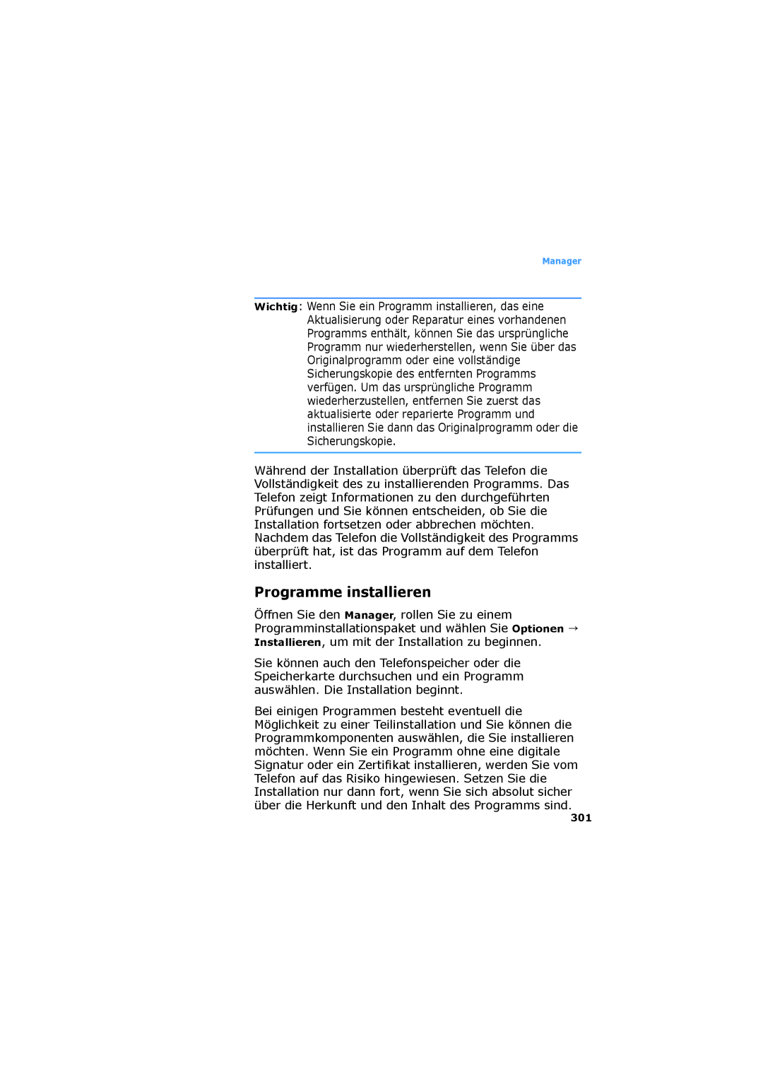 Samsung SGH-D730IBADBT manual Programme installieren, 301 