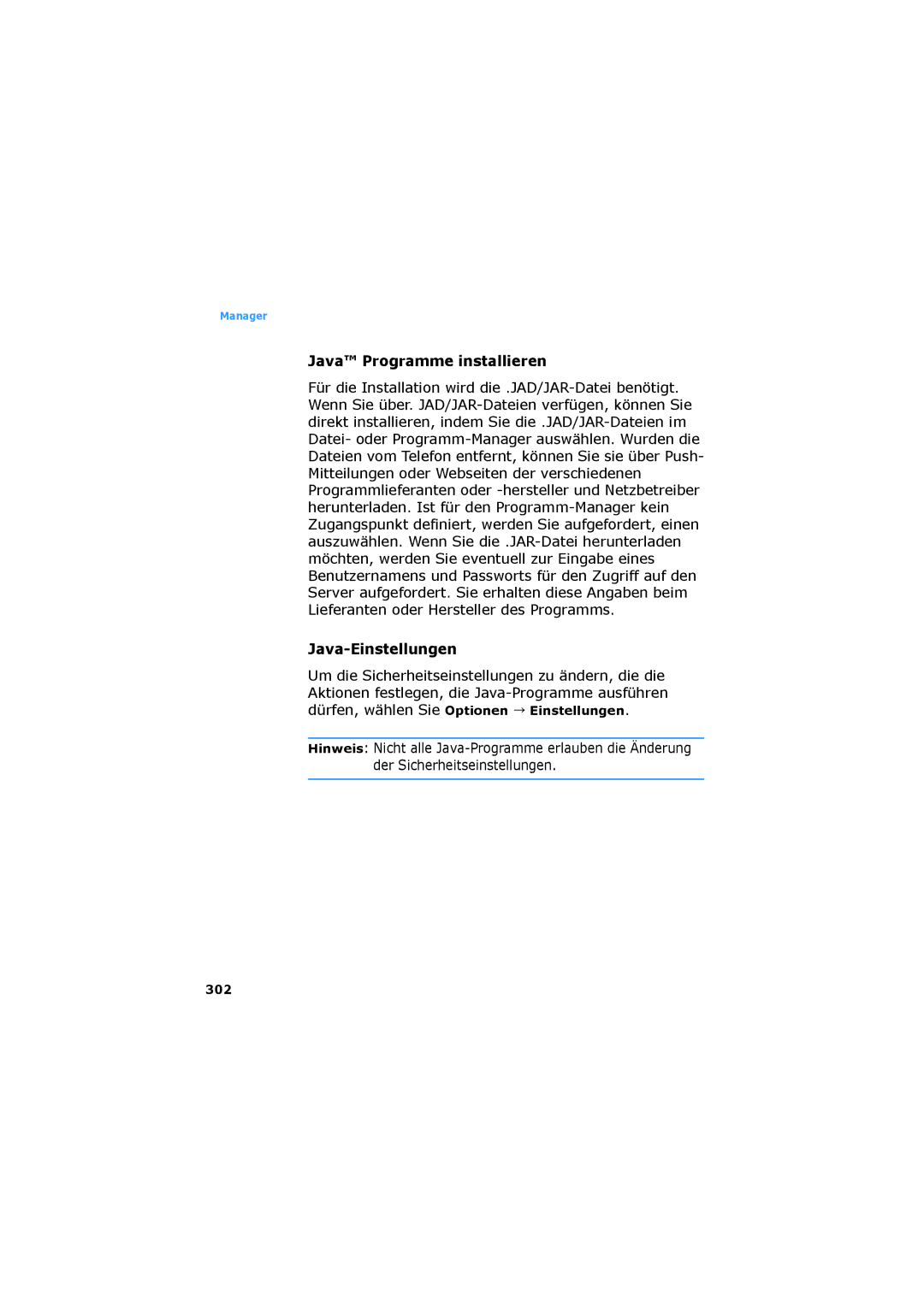 Samsung SGH-D730IBADBT Java Programme installieren, Java-Einstellungen, Dürfen, wählen Sie Optionen Einstellungen, 302 