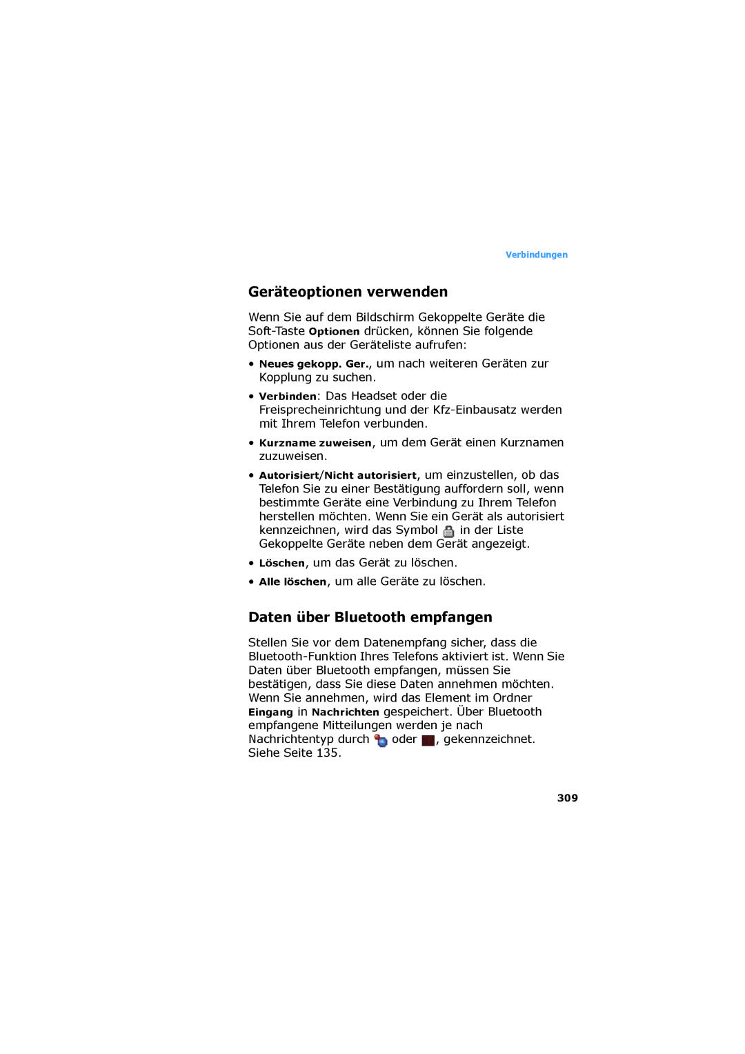 Samsung SGH-D730IBADBT manual Geräteoptionen verwenden, Daten über Bluetooth empfangen, 309 