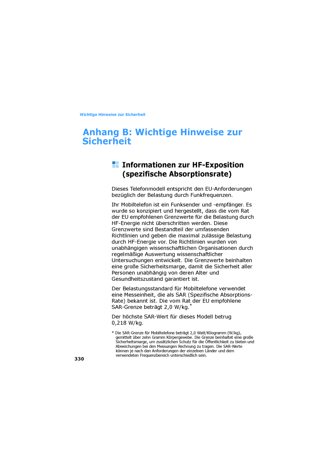 Samsung SGH-D730IBADBT manual Anhang B Wichtige Hinweise zur Sicherheit, 330 