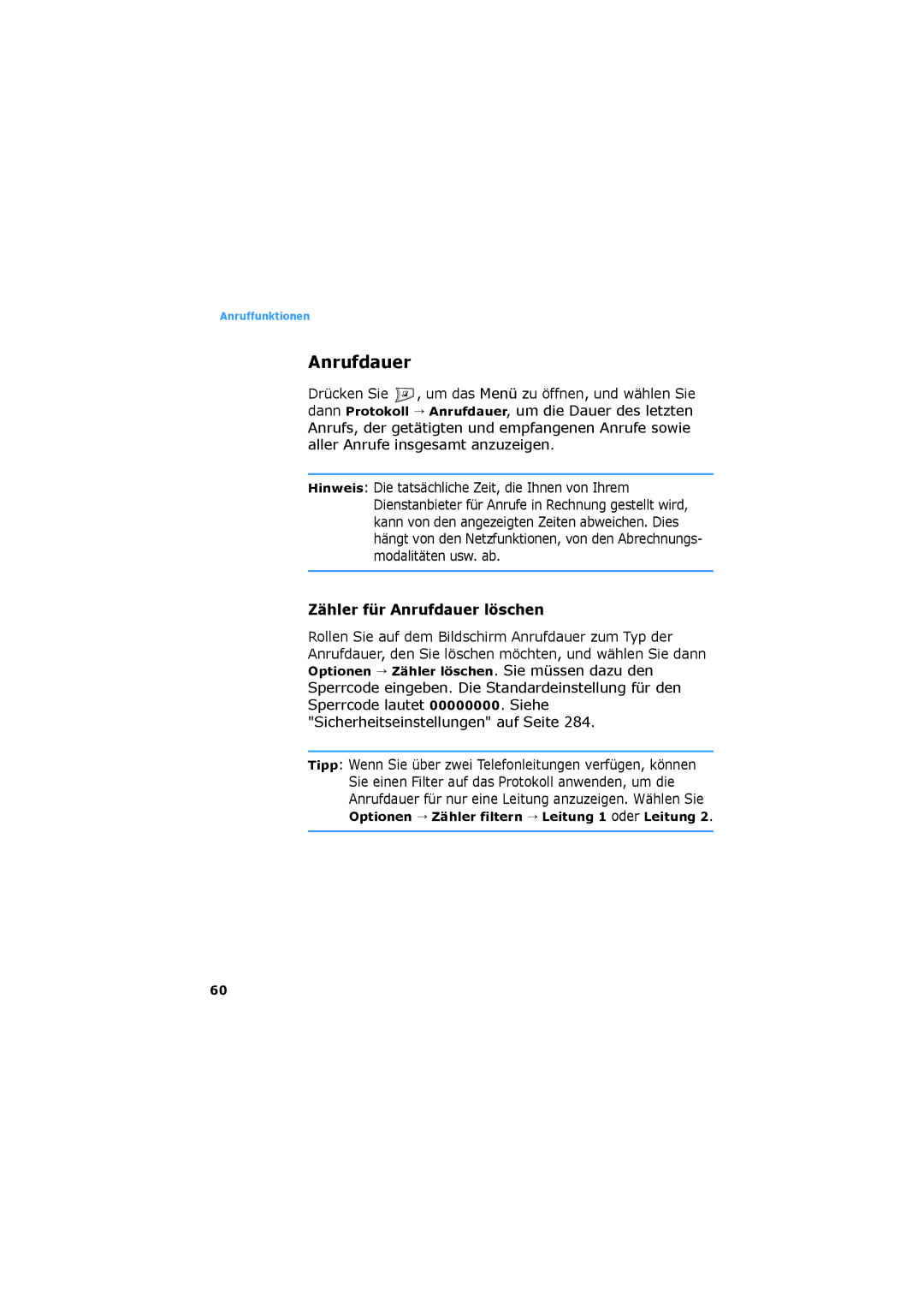 Samsung SGH-D730IBADBT manual Zähler für Anrufdauer löschen, Optionen Zähler filtern Leitung 1 oder 