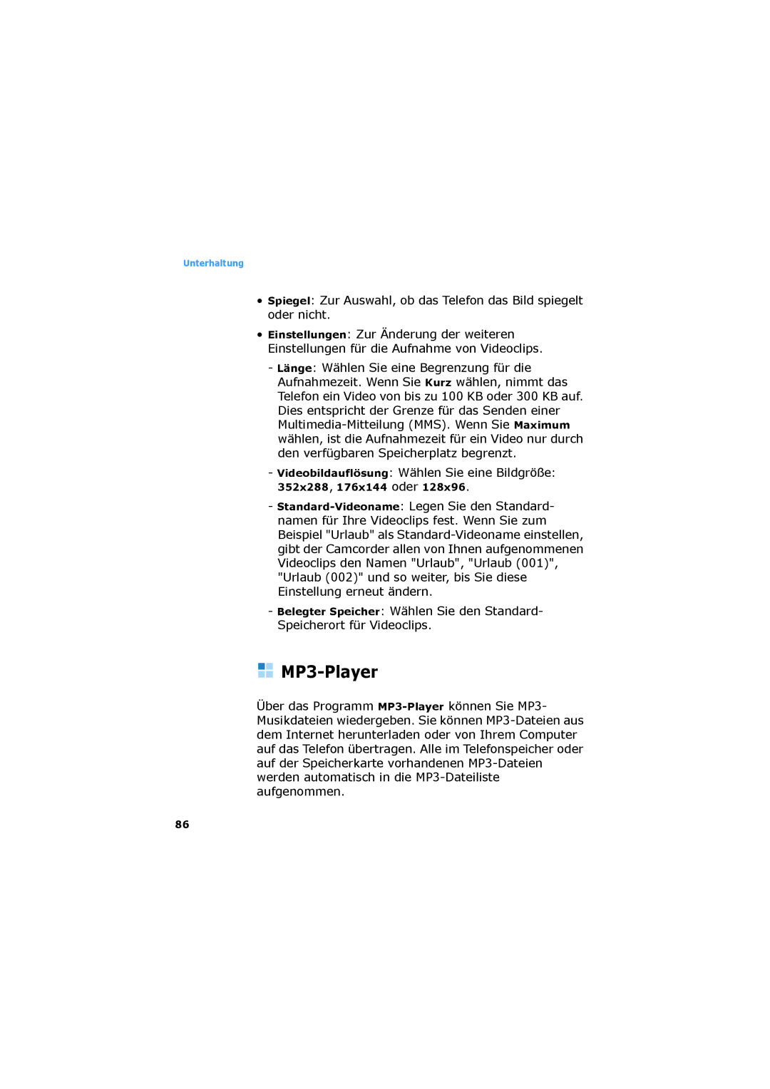 Samsung SGH-D730IBADBT manual MP3-Player, Videobildauflösung Wählen Sie eine Bildgröße, 352x288, 176x144 oder 