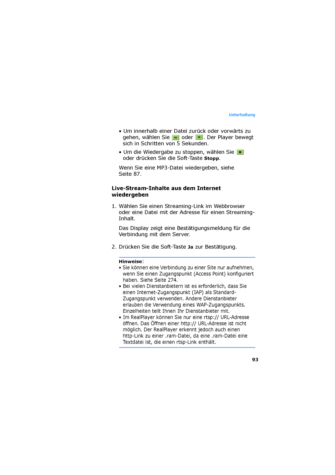 Samsung SGH-D730IBADBT manual Live-Stream-Inhalte aus dem Internet wiedergeben, Hinweise 