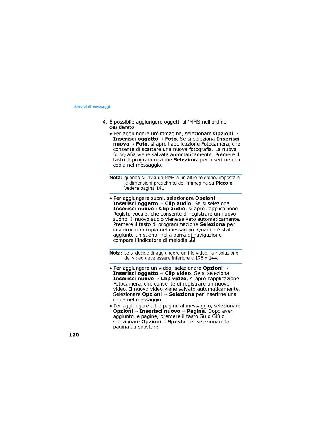 Samsung SGH-D730IBAXET manual Per aggiungere un video, selezionare Opzioni, 120 