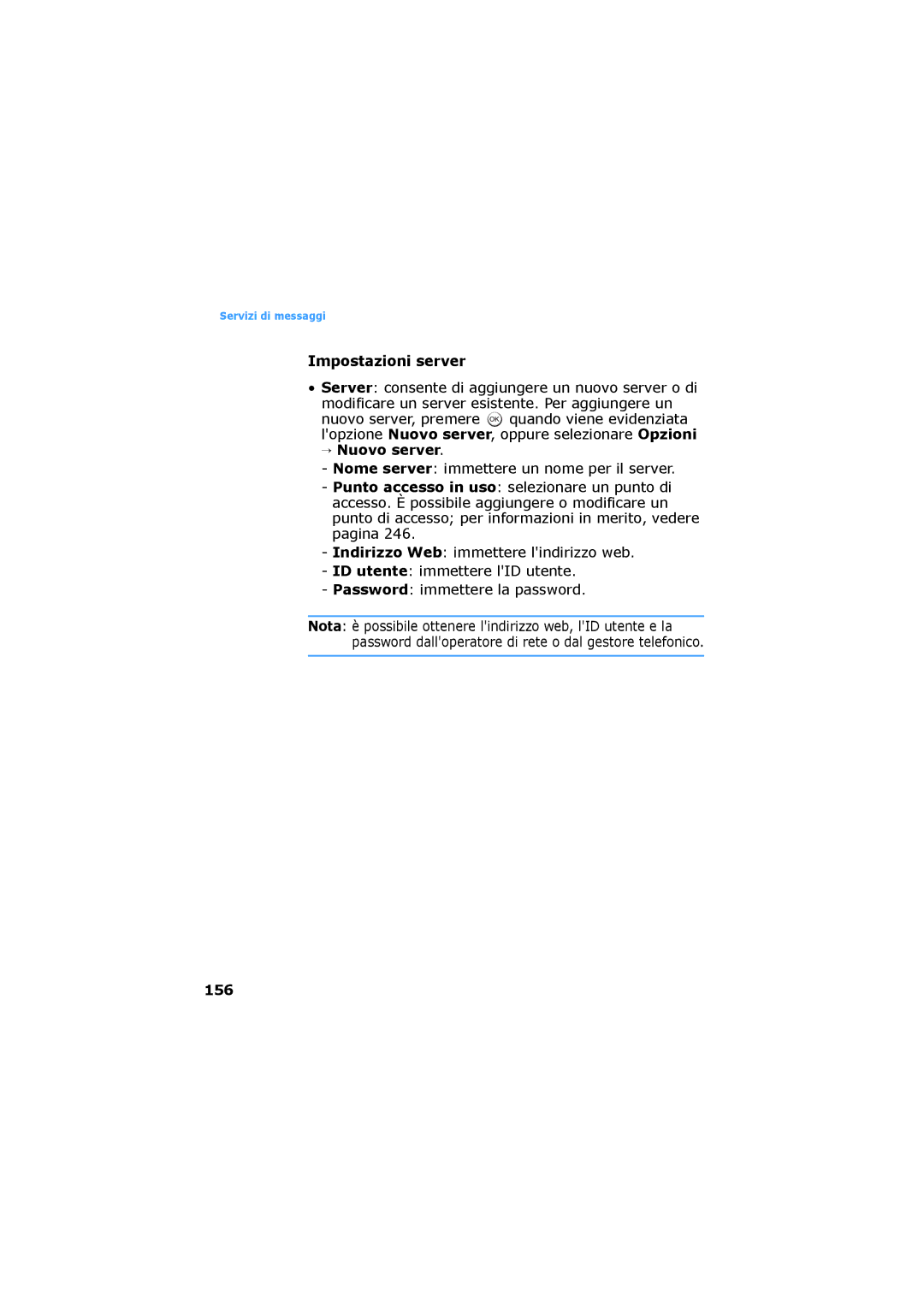 Samsung SGH-D730IBAXET manual Impostazioni server, Nuovo server, 156 
