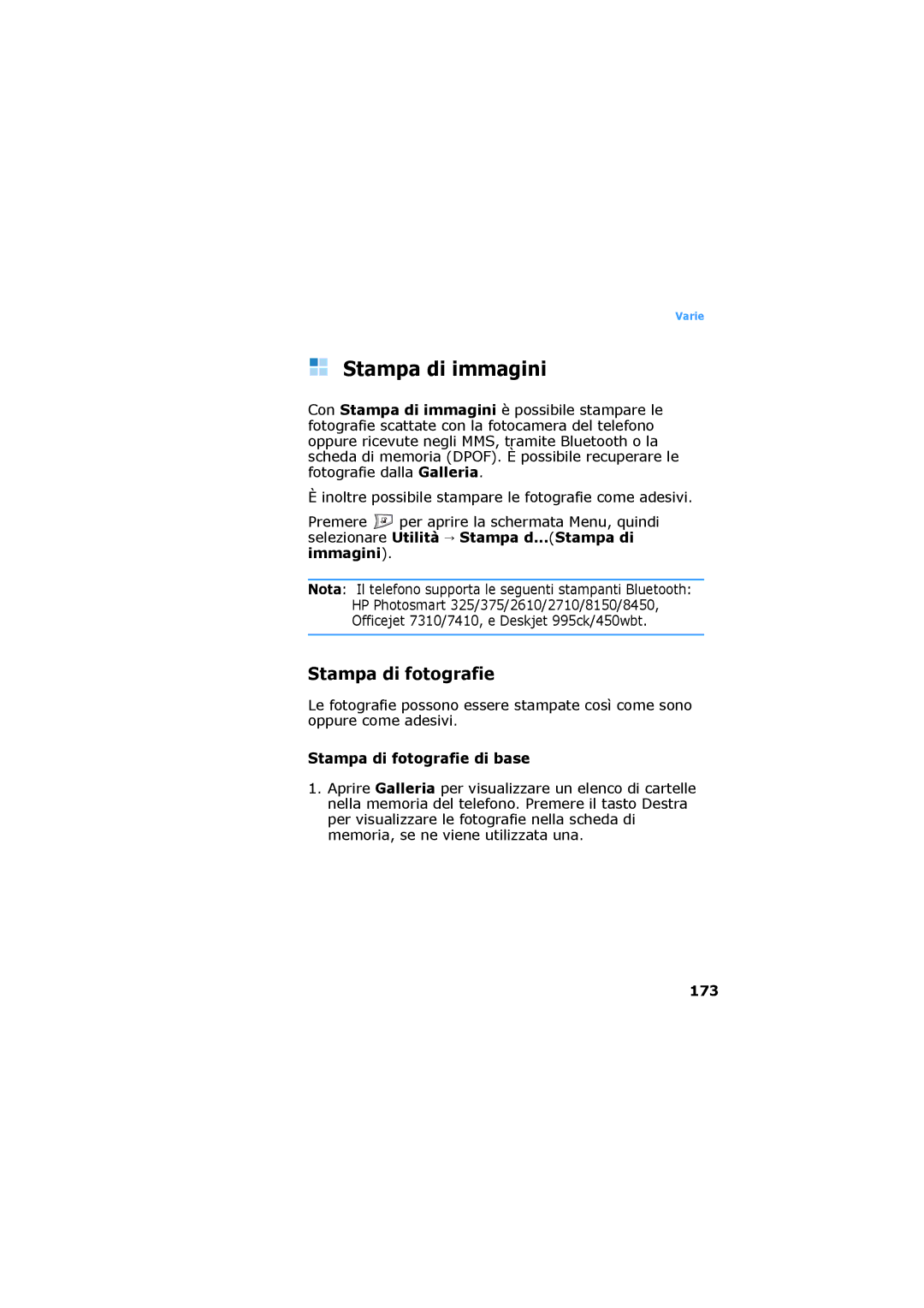 Samsung SGH-D730IBAXET manual Stampa di immagini, Stampa di fotografie di base, 173 