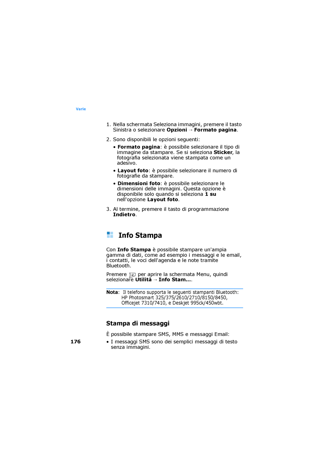 Samsung SGH-D730IBAXET manual Info Stampa, Stampa di messaggi, Selezionare Utilità Info Stam 