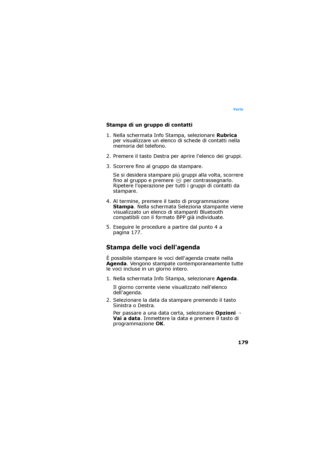 Samsung SGH-D730IBAXET manual Stampa delle voci dellagenda, Stampa di un gruppo di contatti, 179 