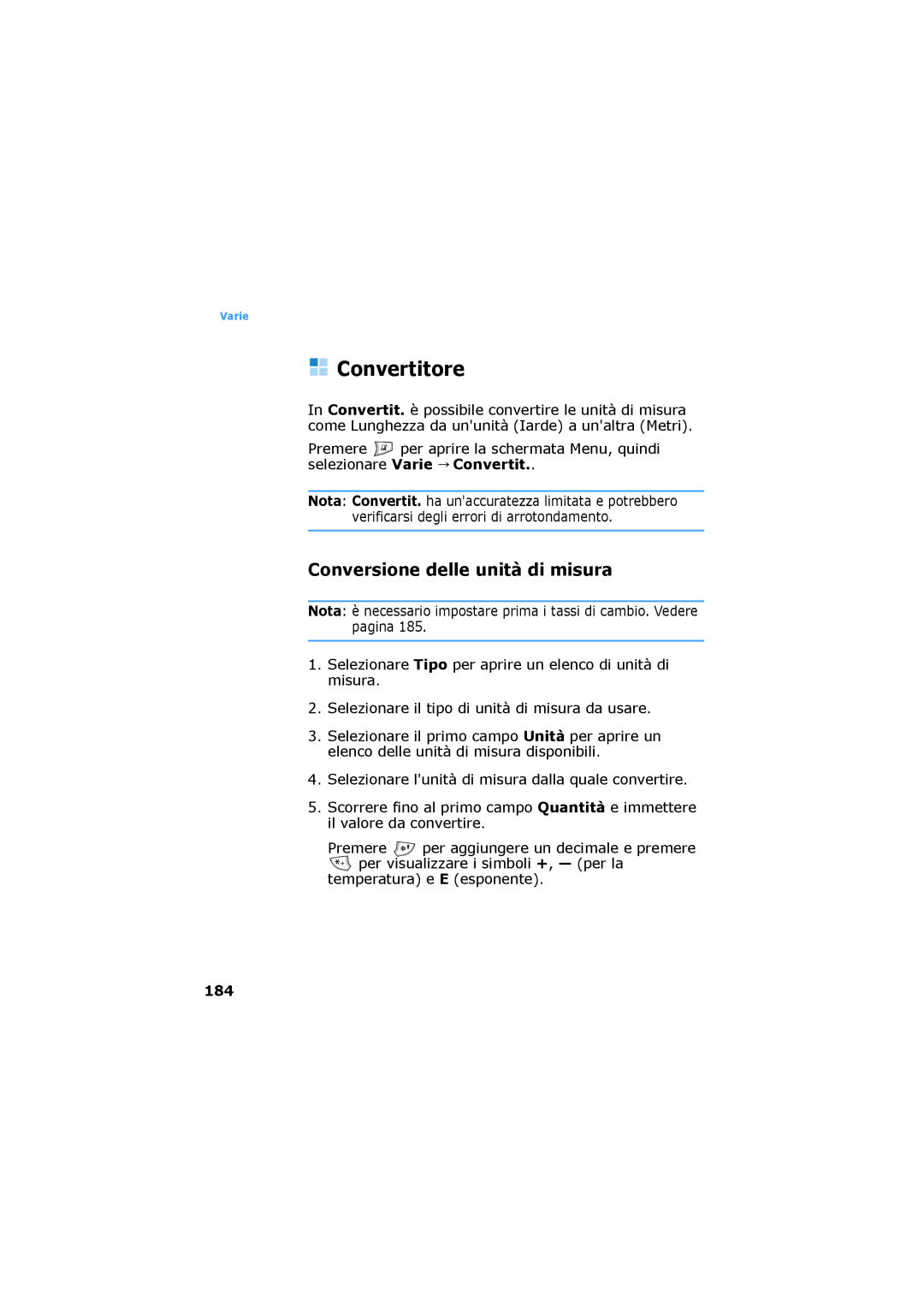 Samsung SGH-D730IBAXET manual Convertitore, Conversione delle unità di misura, Selezionare Varie Convertit, 184 