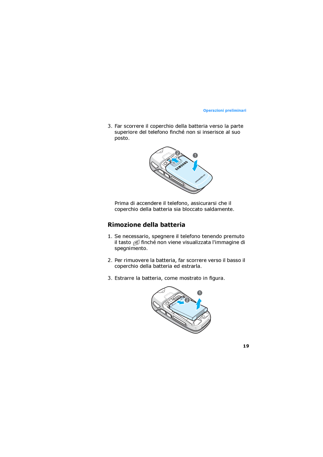 Samsung SGH-D730IBAXET manual Rimozione della batteria 