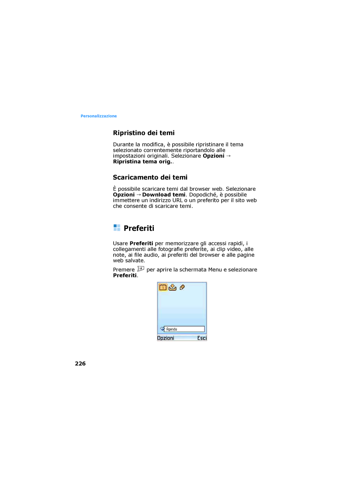 Samsung SGH-D730IBAXET manual Preferiti, Ripristino dei temi, Scaricamento dei temi, 226 