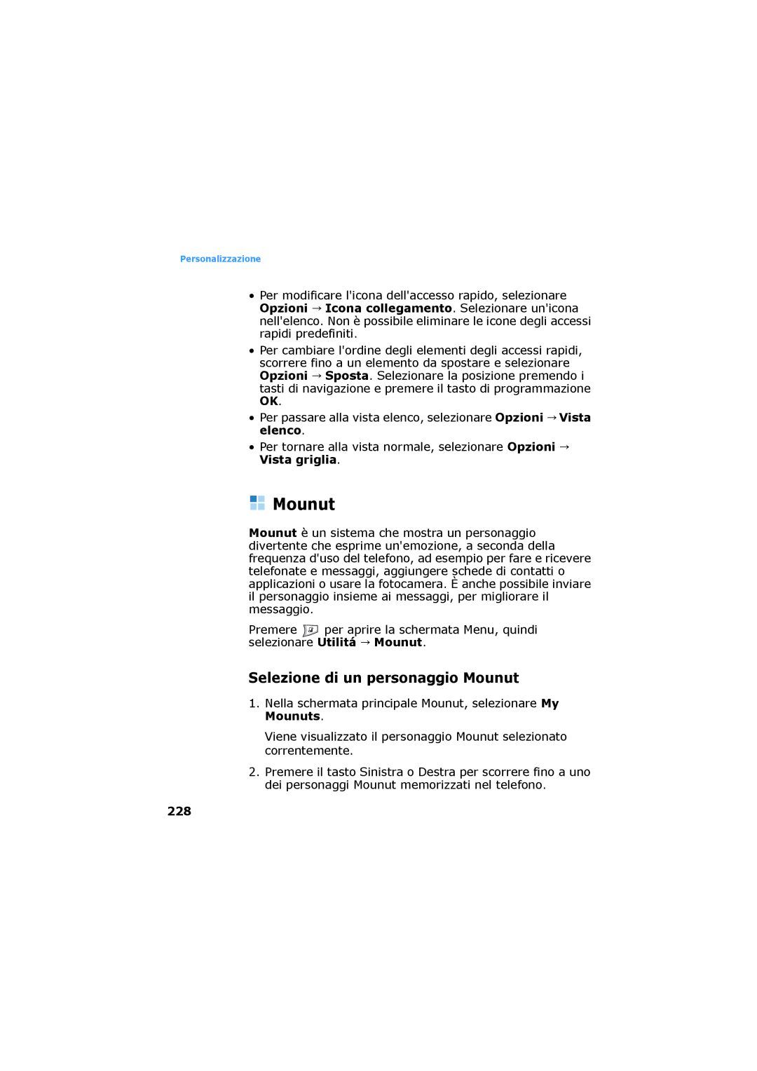 Samsung SGH-D730IBAXET manual Selezione di un personaggio Mounut, Selezionare Utilitá Mounut, 228 