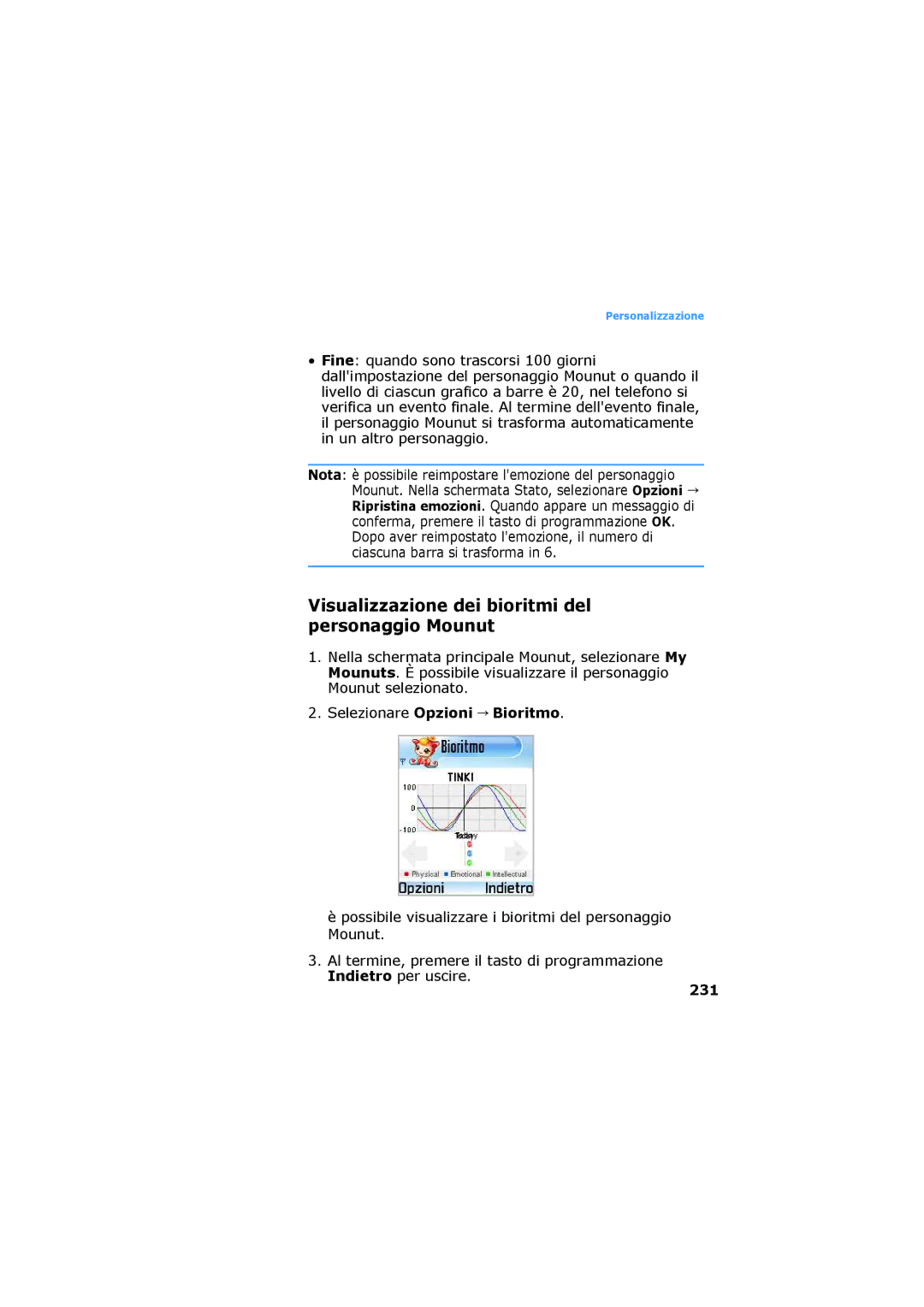 Samsung SGH-D730IBAXET manual Visualizzazione dei bioritmi del personaggio Mounut, Selezionare Opzioni Bioritmo, 231 