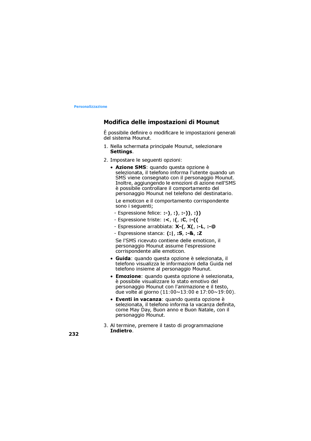 Samsung SGH-D730IBAXET manual Modifica delle impostazioni di Mounut, Indietro 