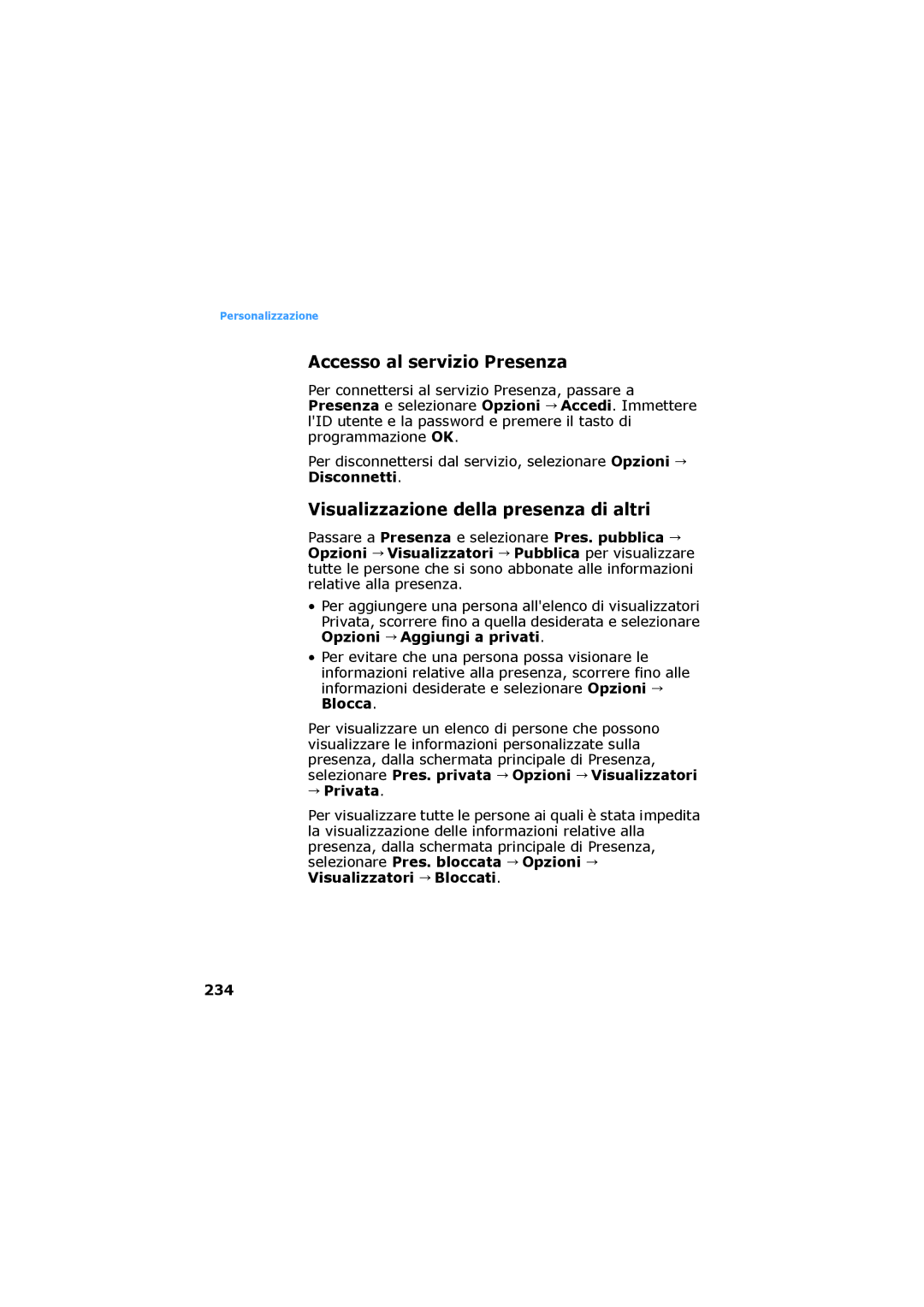 Samsung SGH-D730IBAXET manual Accesso al servizio Presenza, Visualizzazione della presenza di altri, Privata, 234 