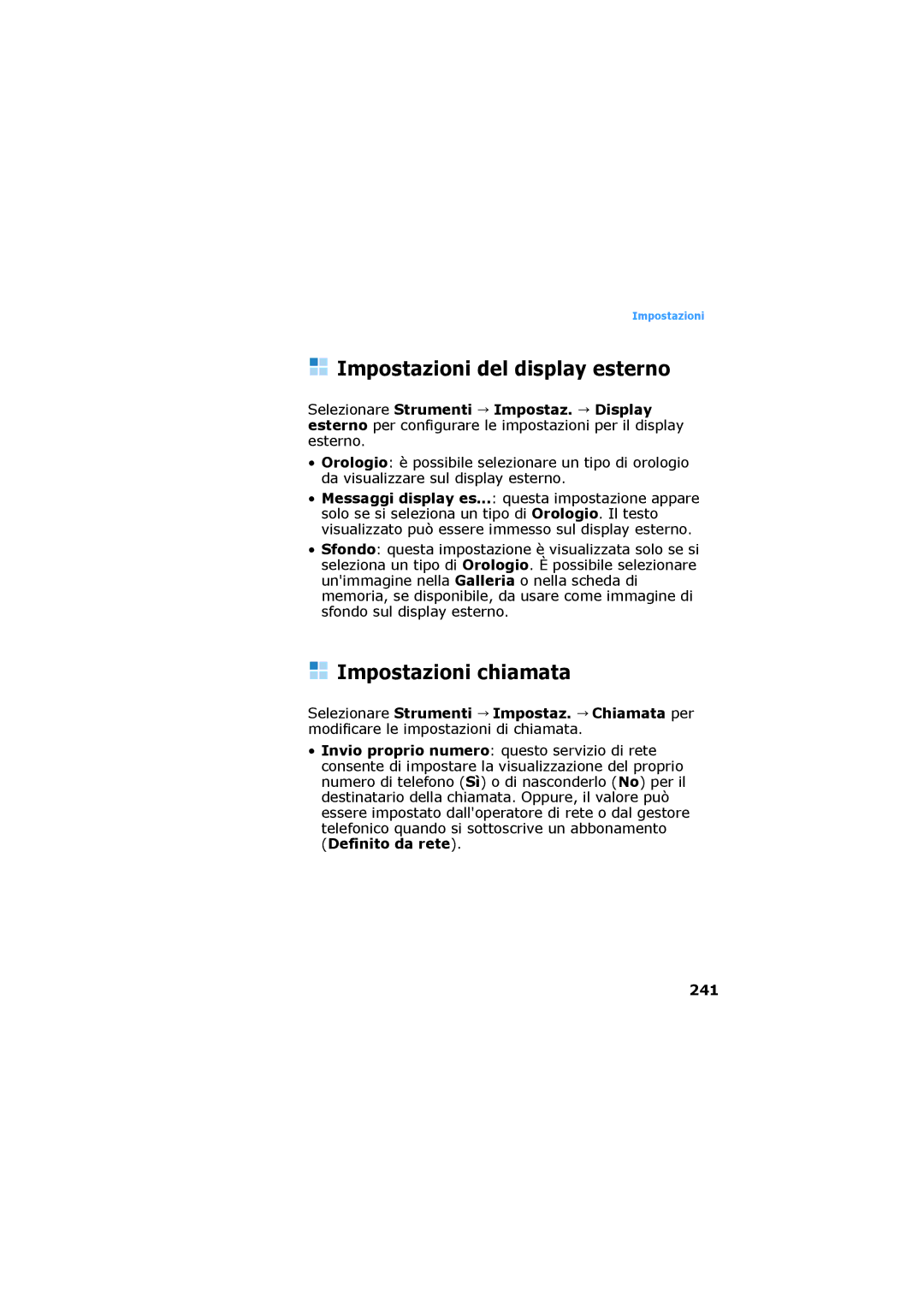 Samsung SGH-D730IBAXET manual Impostazioni del display esterno, Impostazioni chiamata, 241 