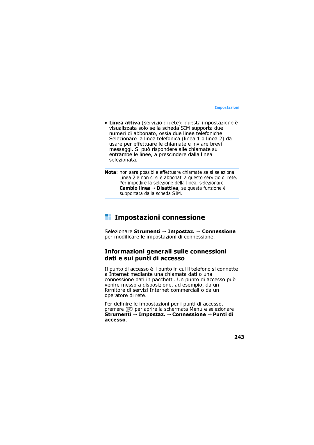 Samsung SGH-D730IBAXET manual Impostazioni connessione, Strumenti Impostaz. Connessione Punti di accesso 243 