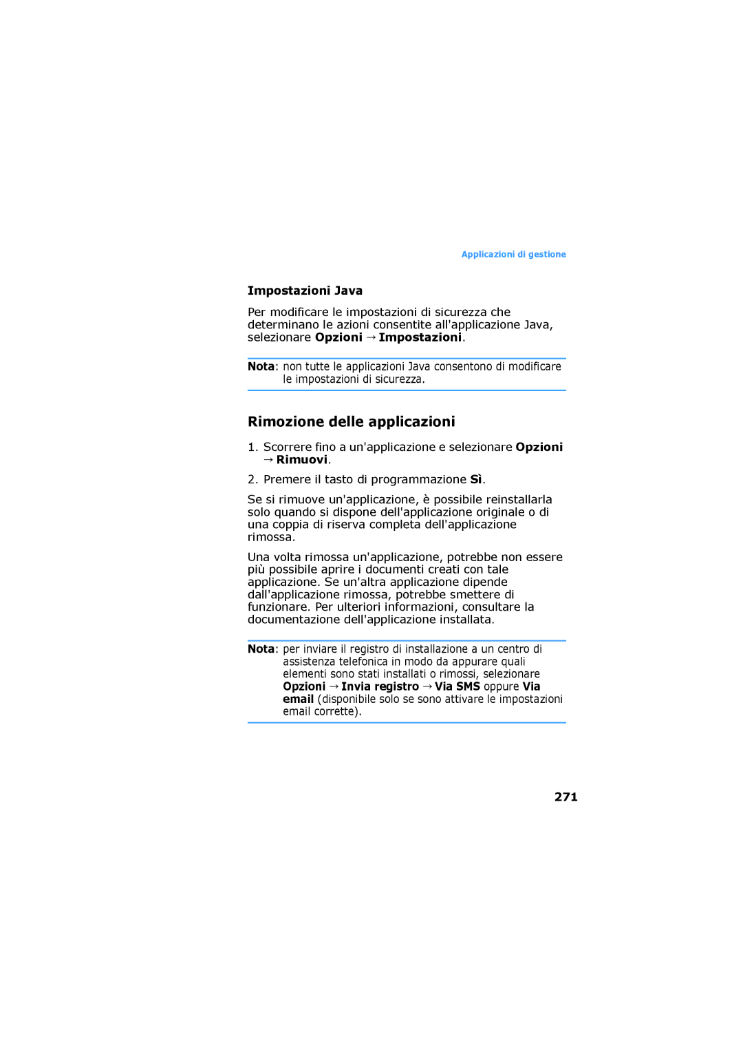 Samsung SGH-D730IBAXET manual Rimozione delle applicazioni, Impostazioni Java, 271 