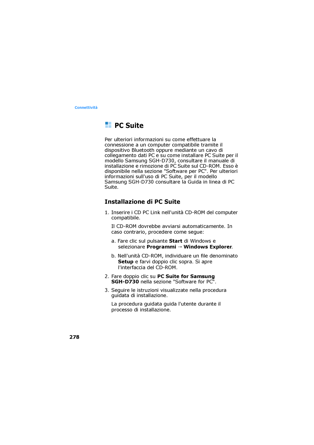 Samsung SGH-D730IBAXET manual Installazione di PC Suite, Selezionare Programmi Windows Explorer, 278 