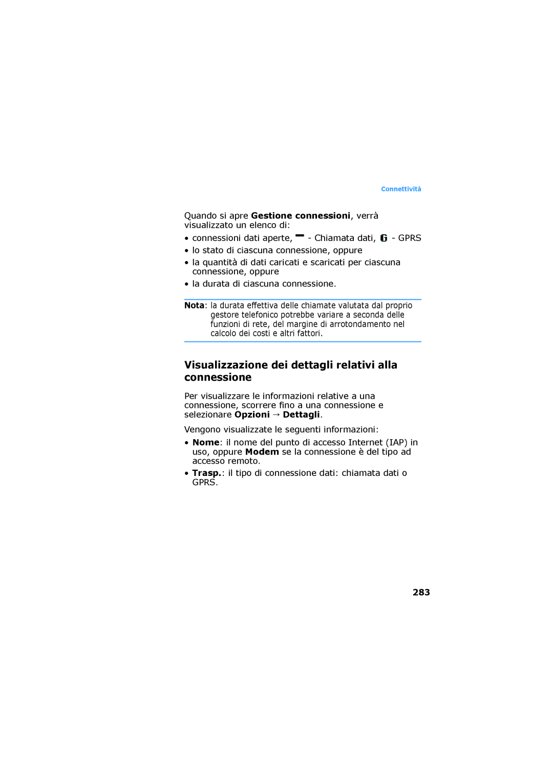 Samsung SGH-D730IBAXET manual Visualizzazione dei dettagli relativi alla connessione, 283 