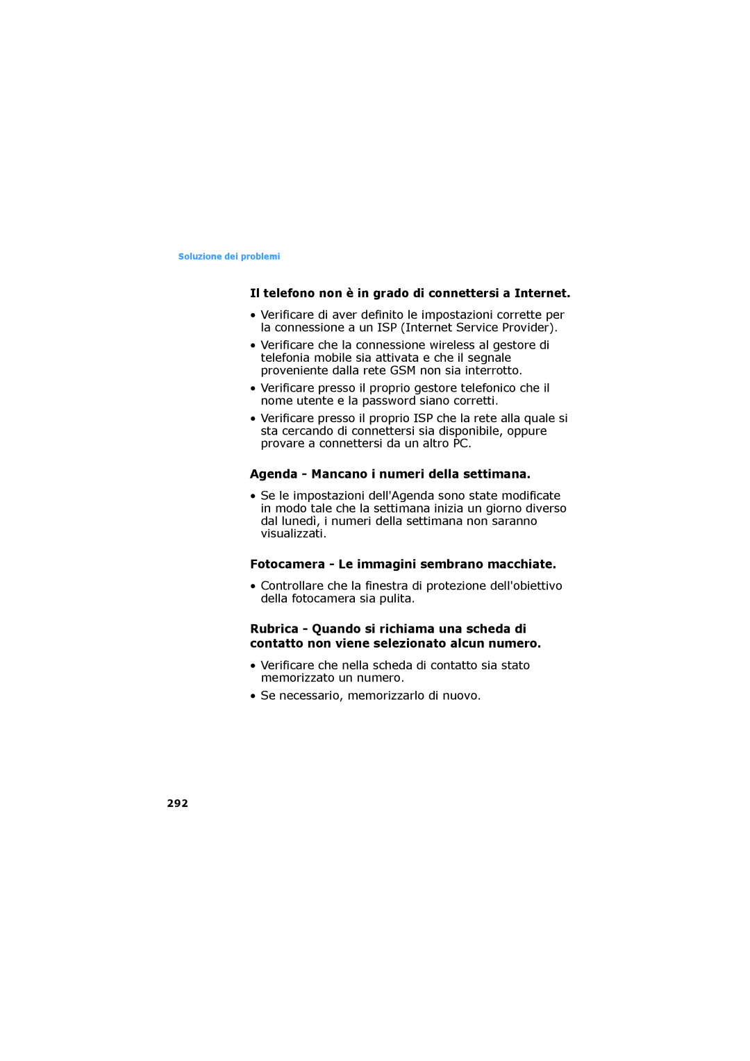 Samsung SGH-D730IBAXET manual Il telefono non è in grado di connettersi a Internet, Agenda Mancano i numeri della settimana 