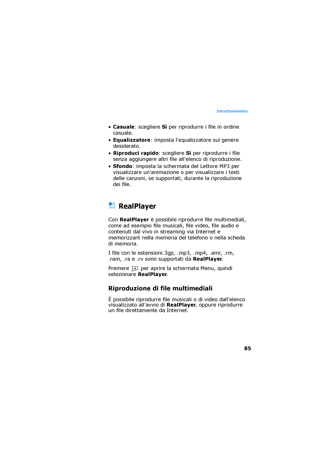 Samsung SGH-D730IBAXET manual RealPlayer, Riproduzione di file multimediali 