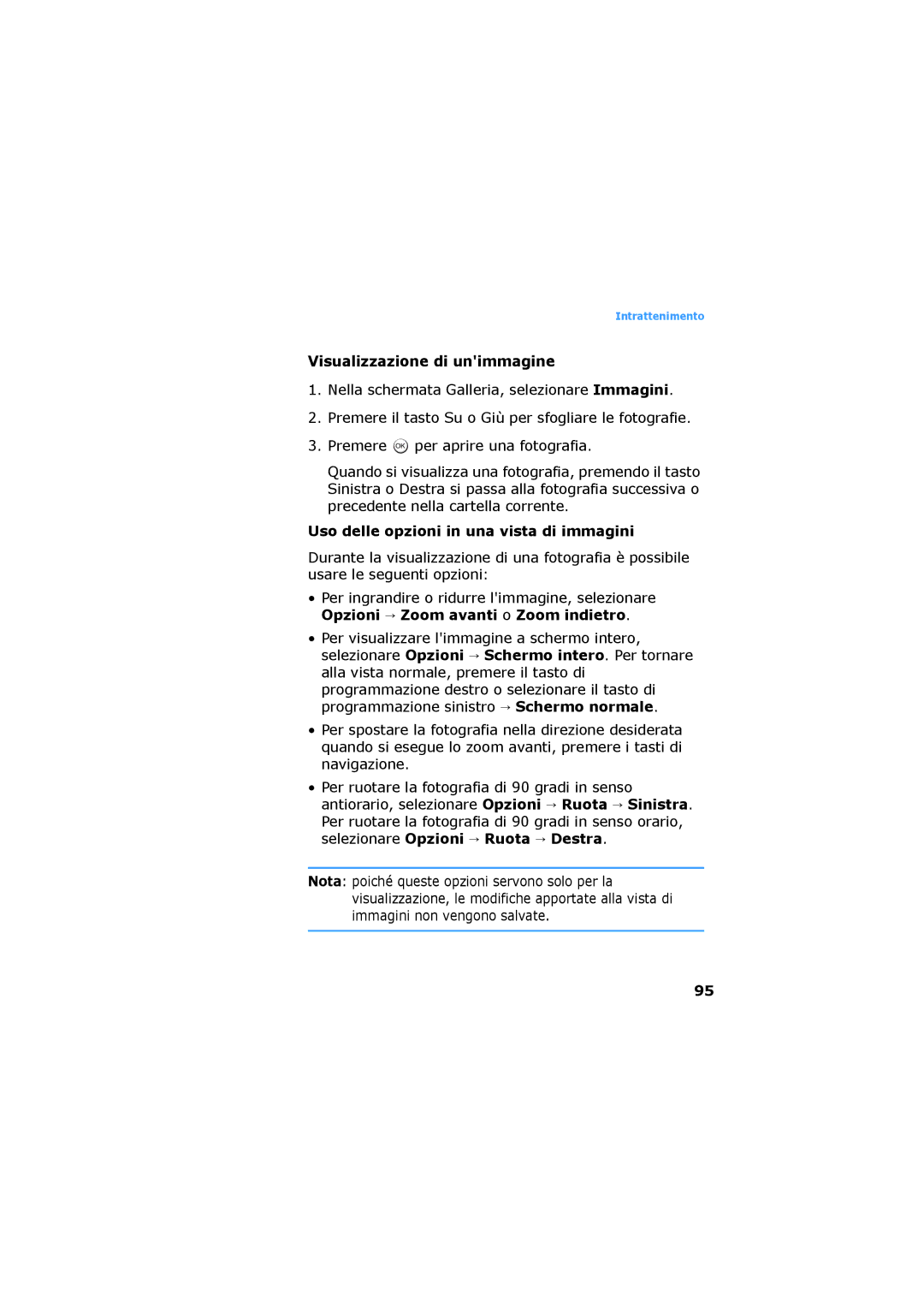 Samsung SGH-D730IBAXET manual Visualizzazione di unimmagine, Uso delle opzioni in una vista di immagini 