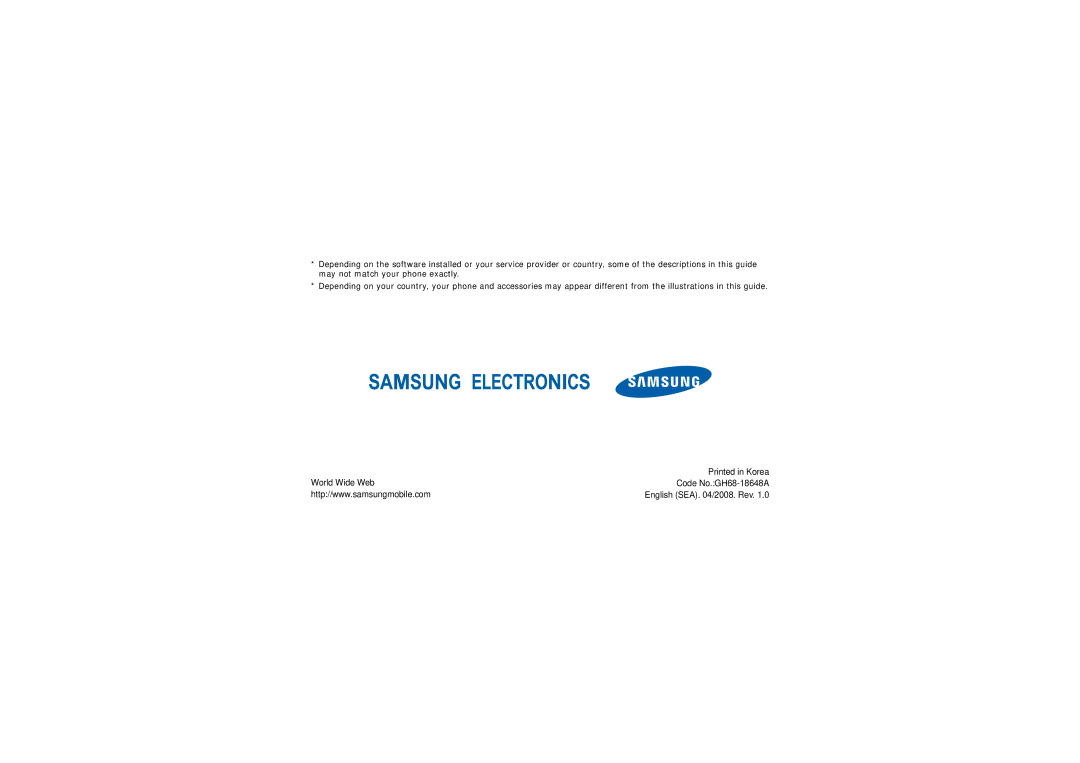 Samsung SGH-D780 manual World Wide Web Code No.GH68-18648A 