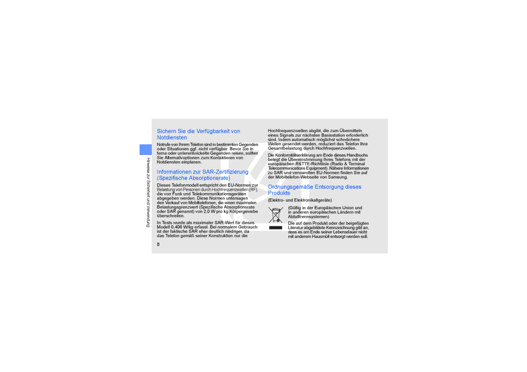 Samsung SGH-D980ZKAAUT manual Sichern Sie die Verfügbarkeit von Notdiensten, Ordnungsgemäße Entsorgung dieses Produkts 
