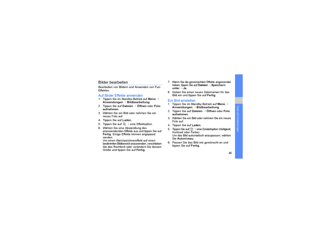 Samsung SGH-D980ZKAAUT manual Bilder bearbeiten, Auf Bilder Effekte anwenden, Ein Bild einstellen 