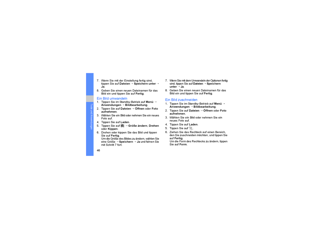 Samsung SGH-D980ZKAAUT manual Ein Bild umwandeln, Ein Bild zuschneiden 