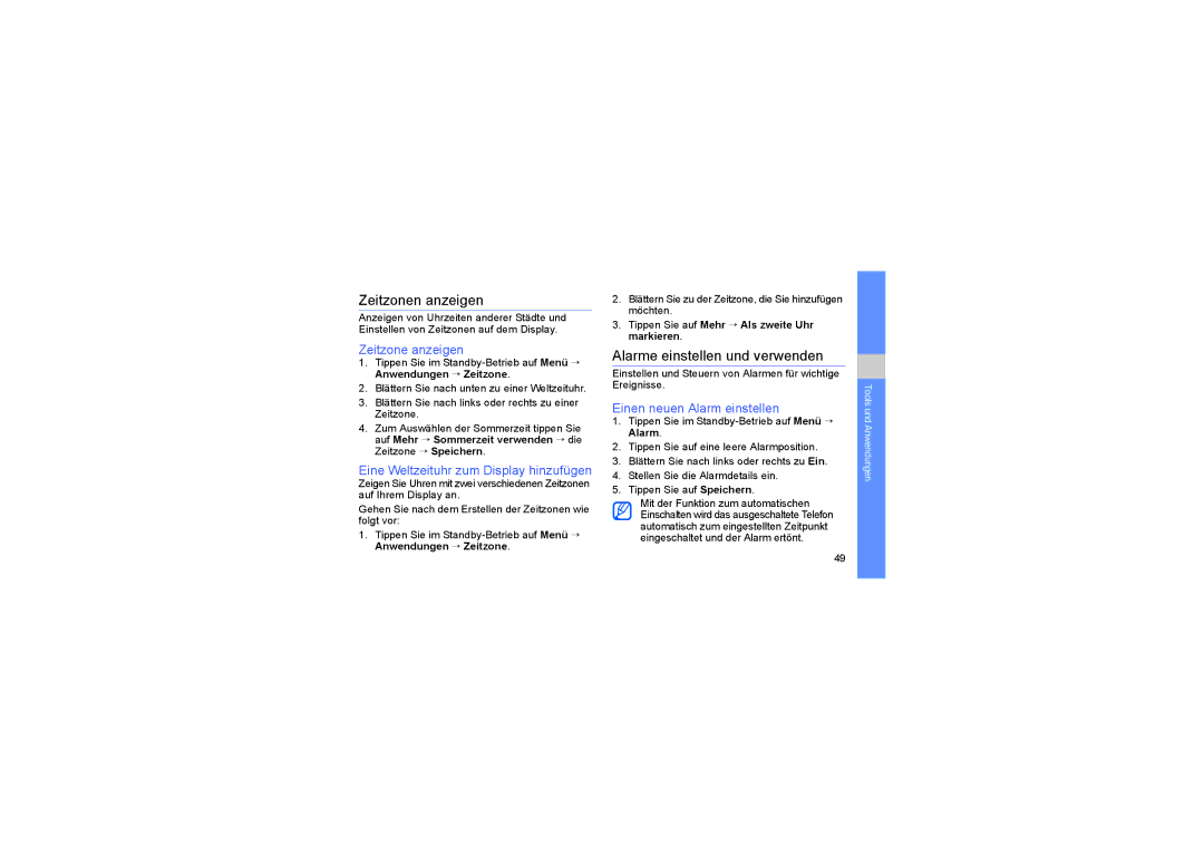 Samsung SGH-D980ZKAAUT manual Zeitzonen anzeigen, Alarme einstellen und verwenden, Zeitzone anzeigen 