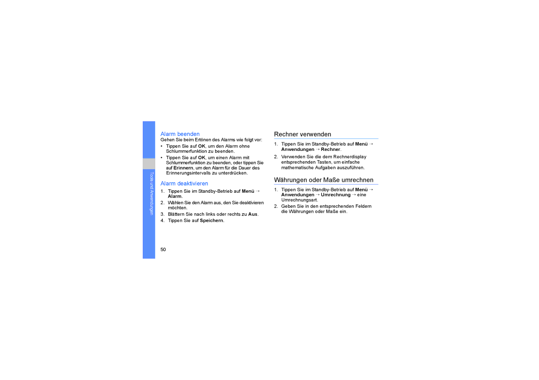 Samsung SGH-D980ZKAAUT manual Rechner verwenden, Währungen oder Maße umrechnen, Alarm beenden, Alarm deaktivieren 