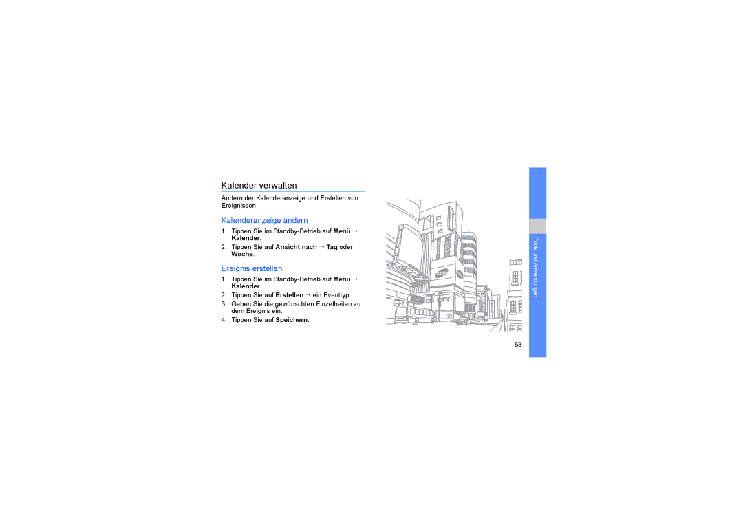 Samsung SGH-D980ZKAAUT manual Kalender verwalten, Kalenderanzeige ändern, Ereignis erstellen 