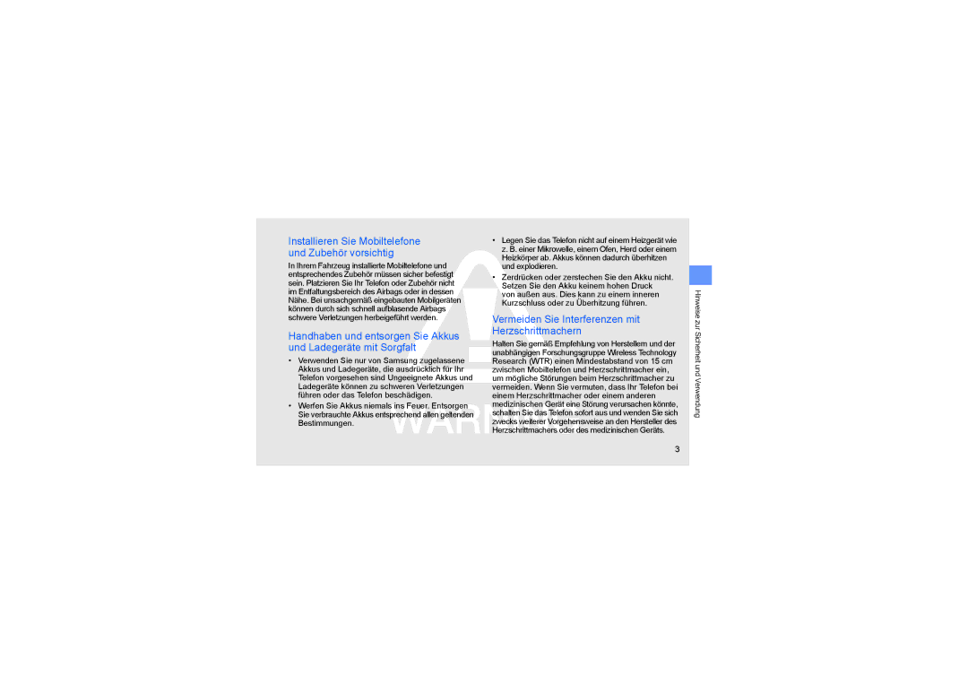 Samsung SGH-D980ZKAAUT manual Installieren Sie Mobiltelefone und Zubehör vorsichtig 