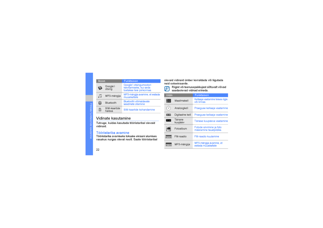 Samsung SGH-D980ZKASEB manual Vidinate kasutamine, Tööriistariba avamine 