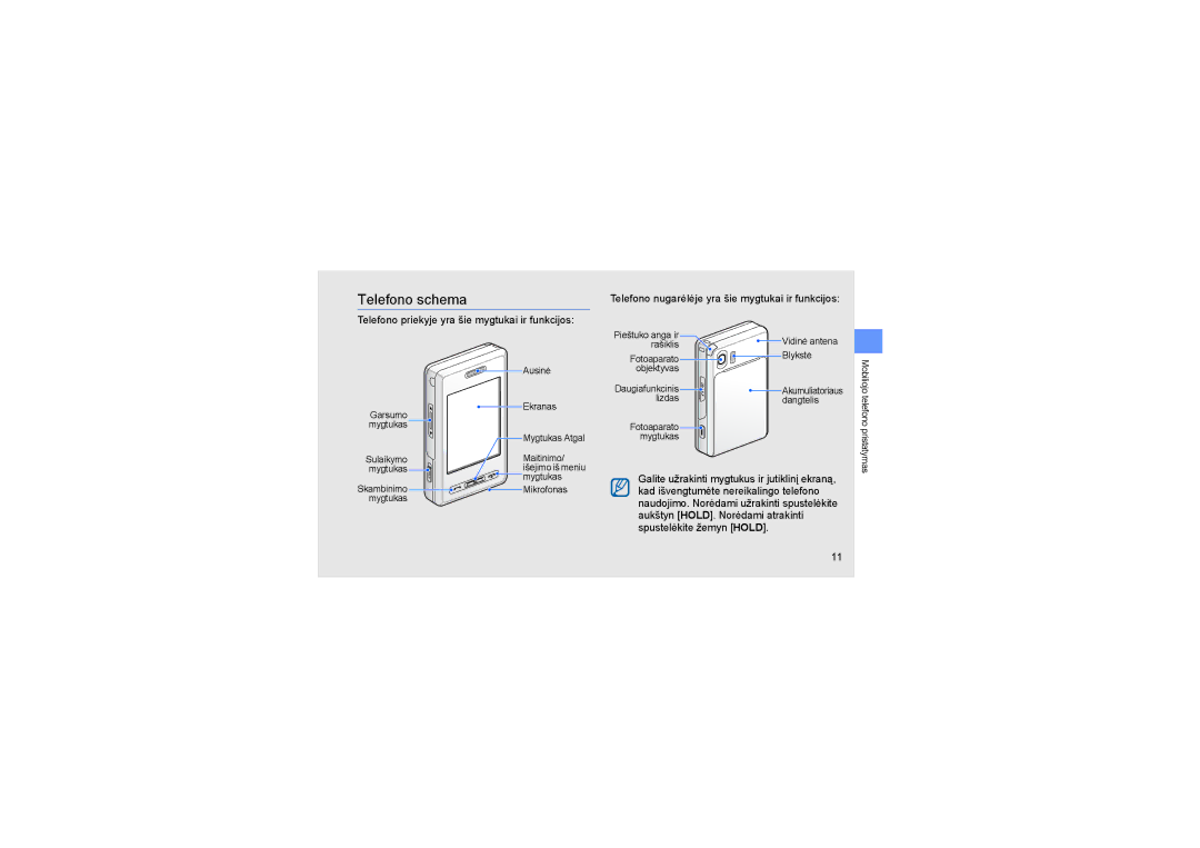 Samsung SGH-D980ZKASEB manual Telefono schema, Telefono priekyje yra šie mygtukai ir funkcijos 