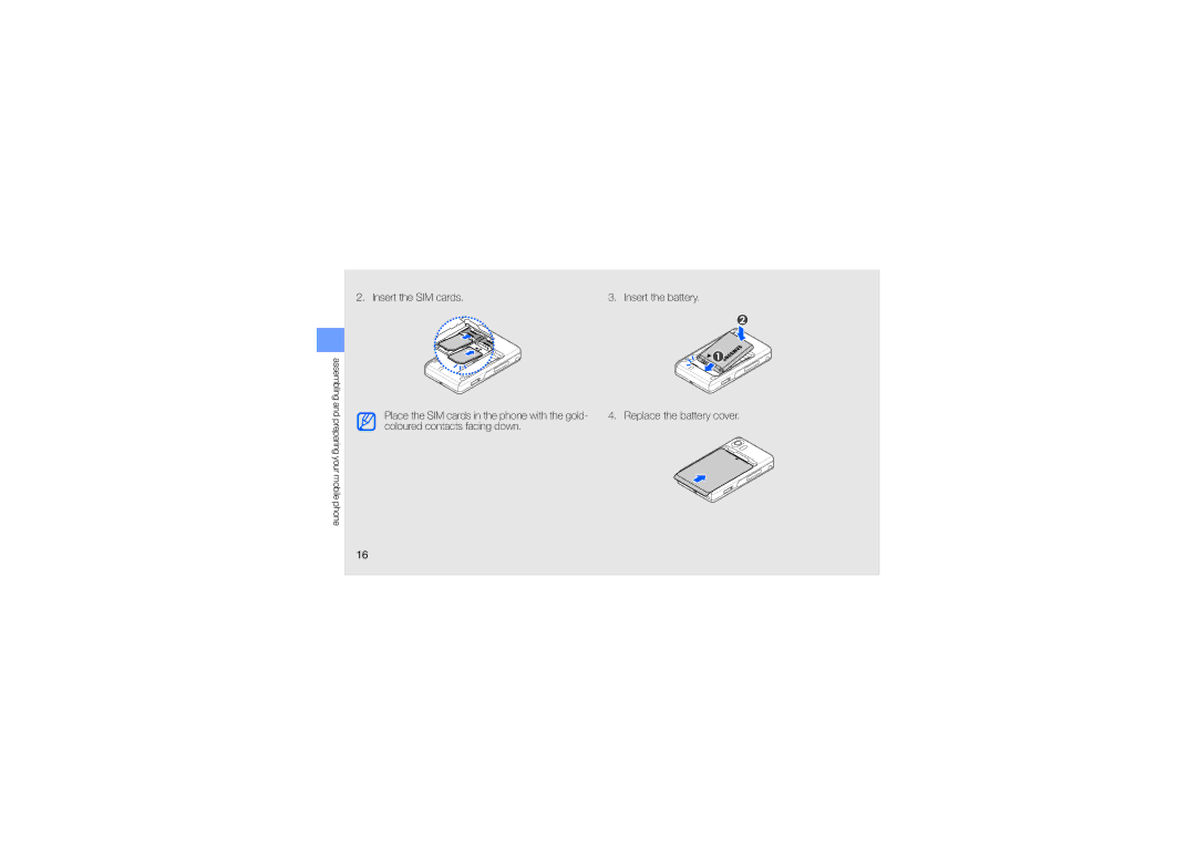 Samsung SGH-D980WRAXEV, SGH-D980ZKATMC, SGH-D980ZKASKZ, SGH-D980ZKAVTL Insert the SIM cards, Coloured contacts facing down 