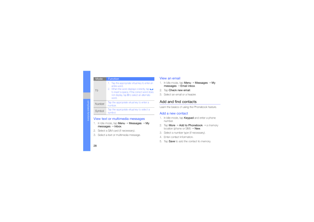 Samsung SGH-D980ZKASKZ manual Add and find contacts, View an email, Add a new contact View text or multimedia messages 