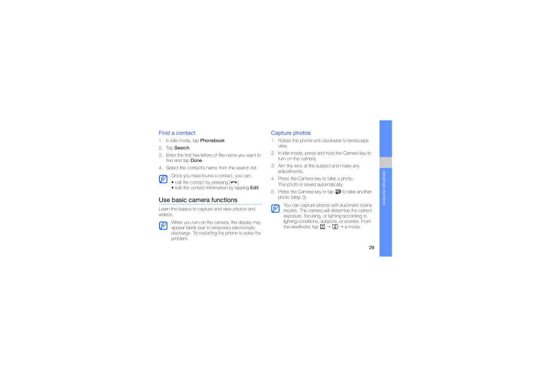 Samsung SGH-D980ZKAVTL, SGH-D980ZKATMC, SGH-D980ZKASKZ manual Use basic camera functions, Find a contact, Capture photos 