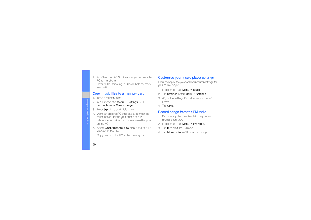 Samsung SGH-D980XNAXEV, SGH-D980ZKATMC manual Copy music files to a memory card, Customise your music player settings 