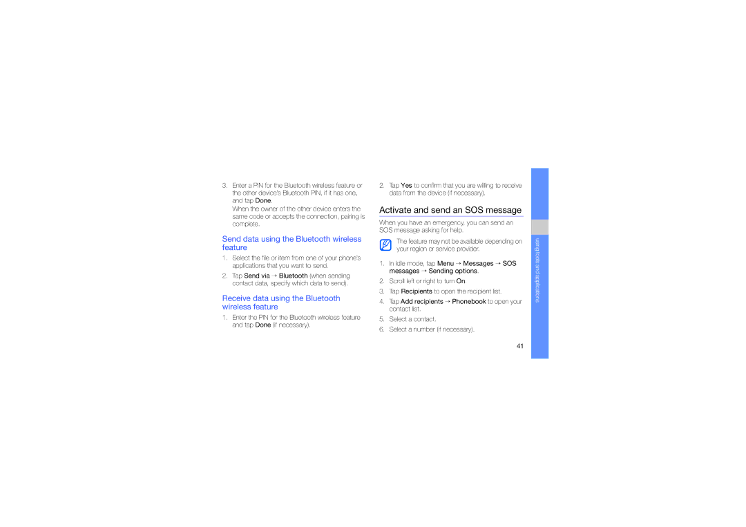 Samsung SGH-D980ZKAPHU, SGH-D980ZKATMC Activate and send an SOS message, Send data using the Bluetooth wireless feature 