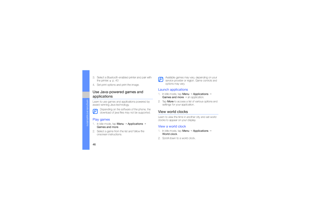 Samsung SGH-D980XNAXEV manual Use Java-powered games and applications, View world clocks, Play games, Launch applications 