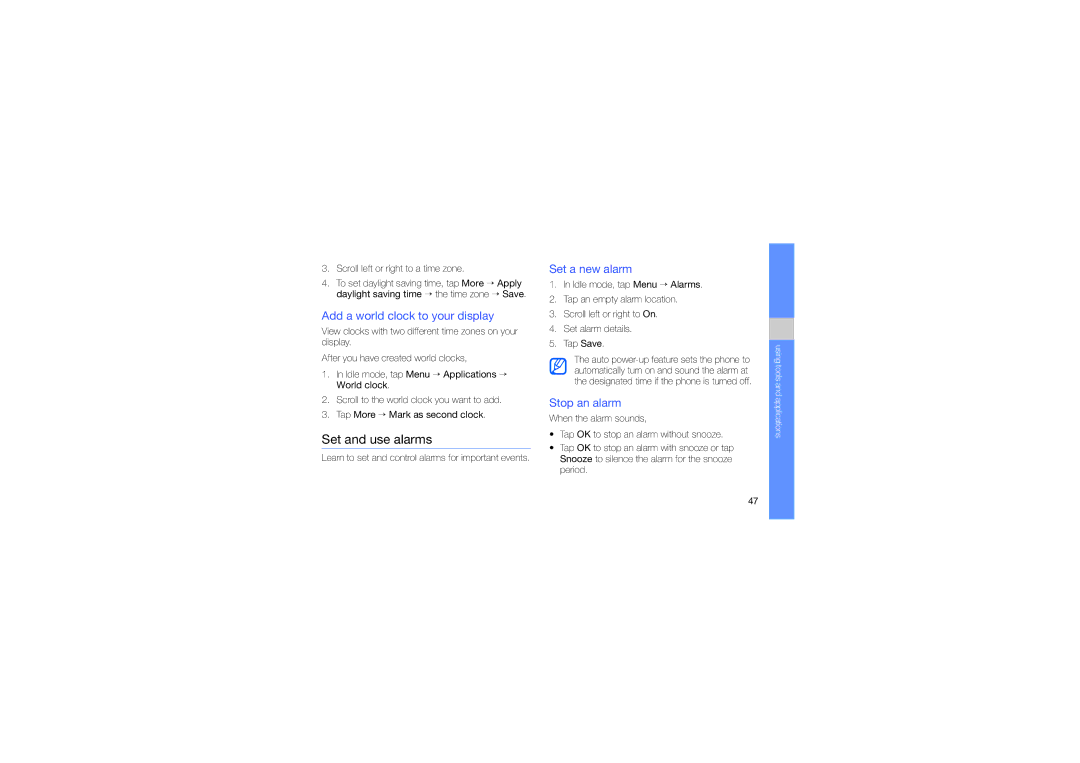 Samsung SGH-D980ZKAFPT manual Set and use alarms, Add a world clock to your display, Set a new alarm, Stop an alarm 