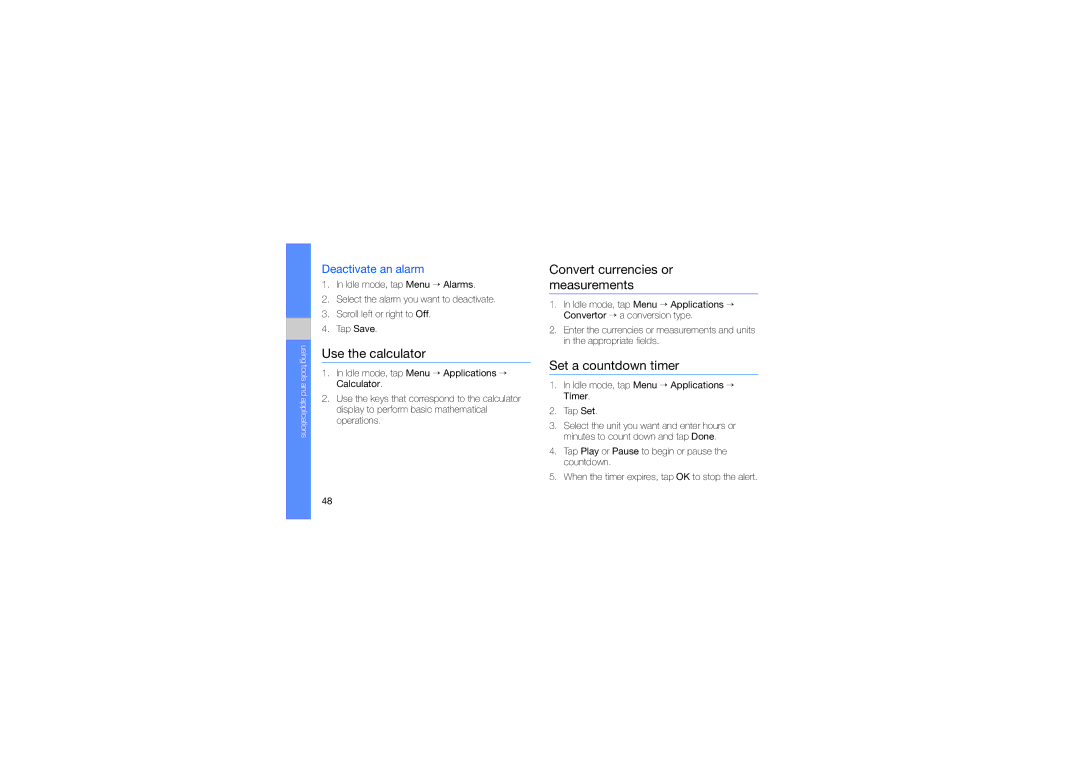 Samsung SGH-D980WRAXEV Use the calculator, Convert currencies or measurements, Set a countdown timer, Deactivate an alarm 