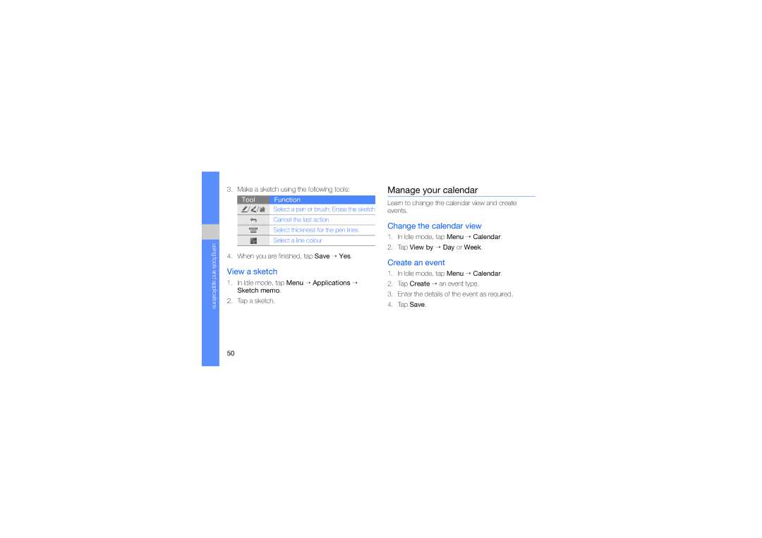 Samsung SGH-D980ZKAXEV, SGH-D980ZKATMC manual Manage your calendar, View a sketch, Change the calendar view, Create an event 
